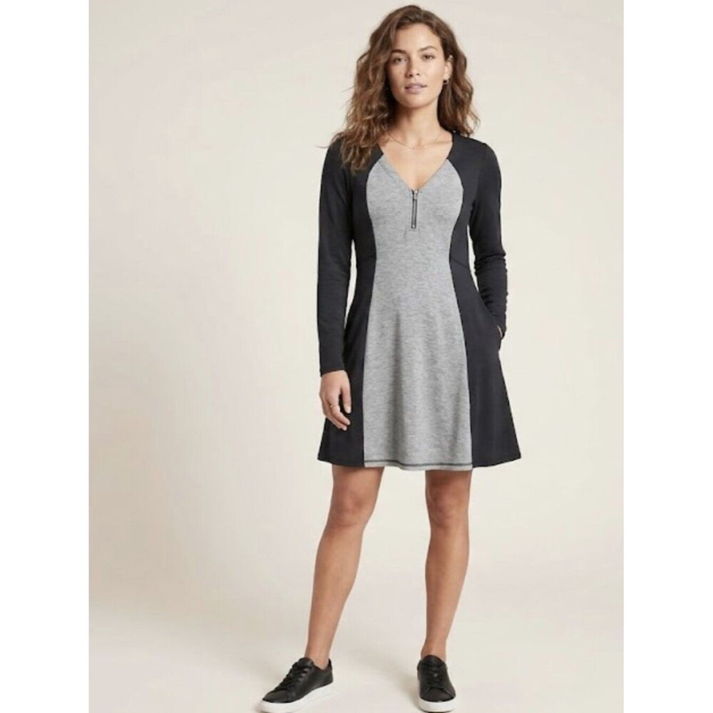 Athleta Two-Tone Quarter Zip A-Line Mini Dress Long Sleeve Gray & Black Size MP
